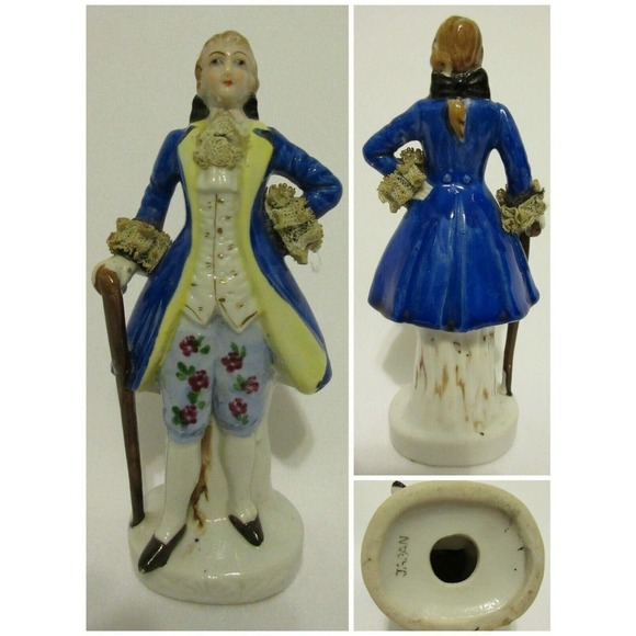 Unmarked Other - Vintage Colonial Man Porcelain Figure Lace Cuffs and Neck Tie Hand Painted Made